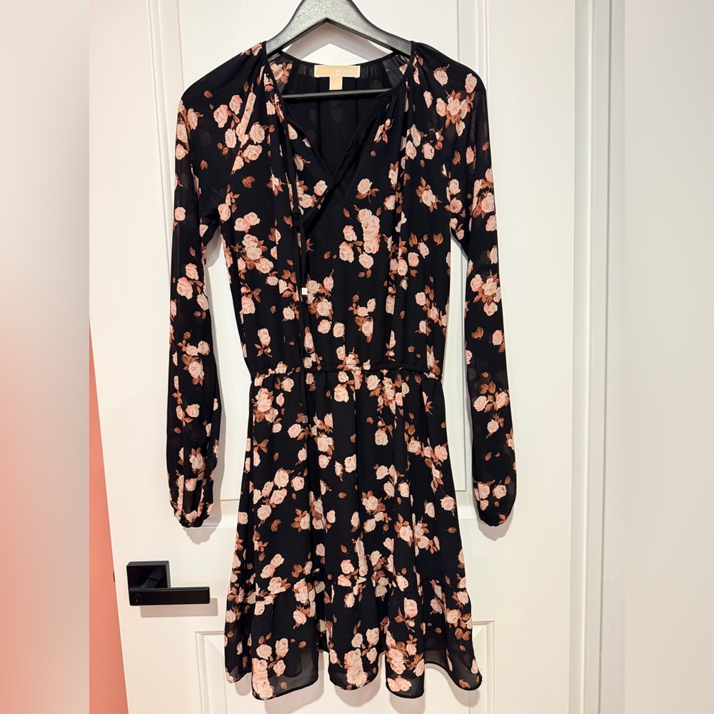 Michael Kors Black Long-Sleeve Floral Wrap Dress